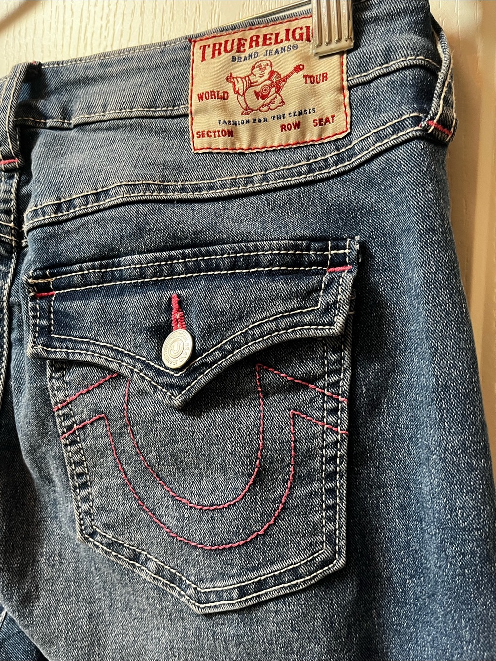 True Religion Women's Joey Mid-rise Flare Denim Jeans Pink Stitching Raw Hem 29